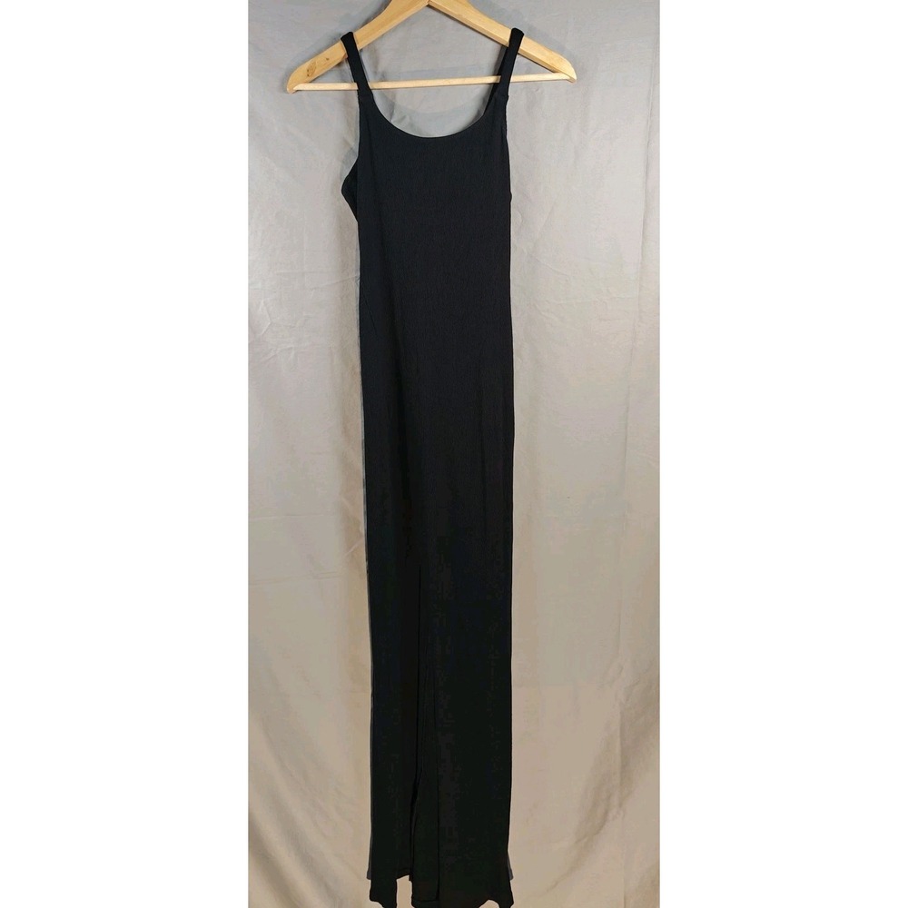 River Island Rib Knit Maxi Slip Black Dress Spaghetti Strap Bodycon Split Small